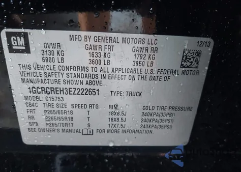 2014 Chevrolet Silverado 1500 1Lt из США, поврежденный, VIN 1GCRCREH3EZ222651